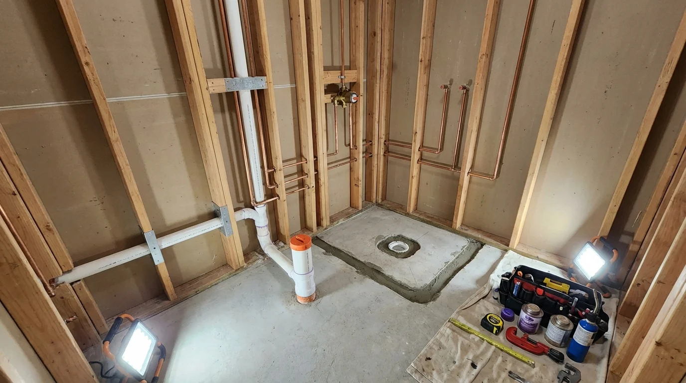 Bathroom rough-in plumbing during remodel by Johns Plumbing LLC in Bellevue