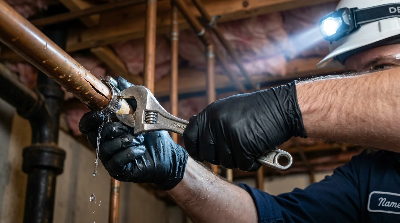 Emergency pipe clamp repair being performed by a Johns Plumbing LLC plumber in Bellevue