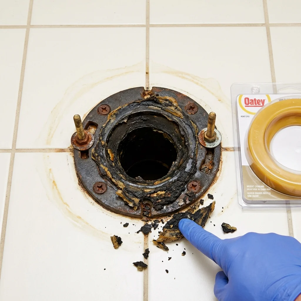 Failed wax ring showing water seepage at the base of a toilet in a Bellevue, OH home