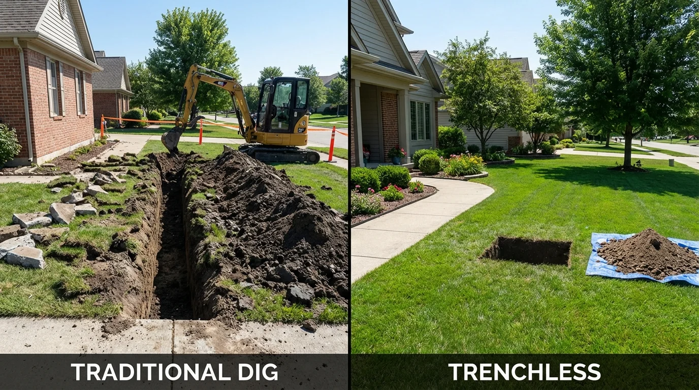 Trenchless sewer repair with minimal yard damage versus traditional excavation in Bellevue, OH