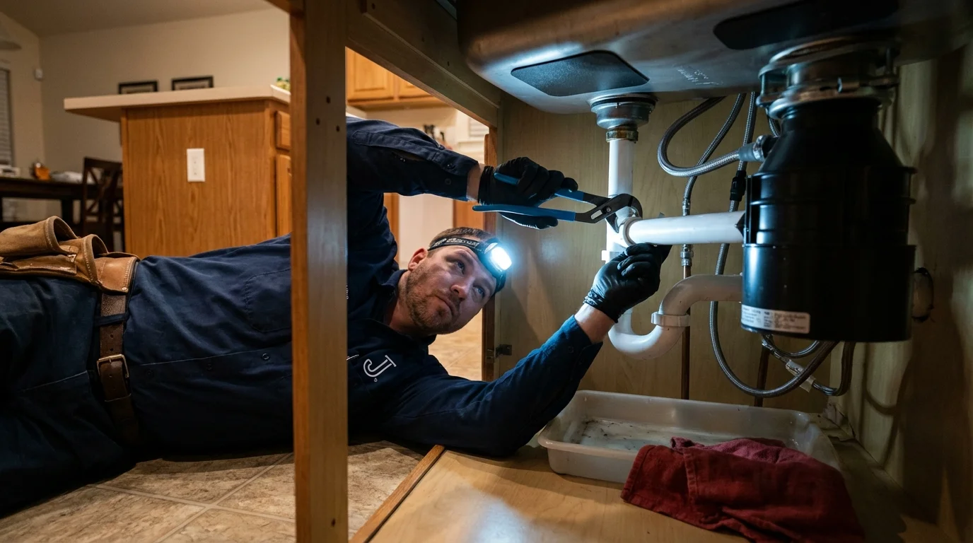 P-trap and supply line connections under a kitchen sink showing a common leak point in Bellevue, OH
